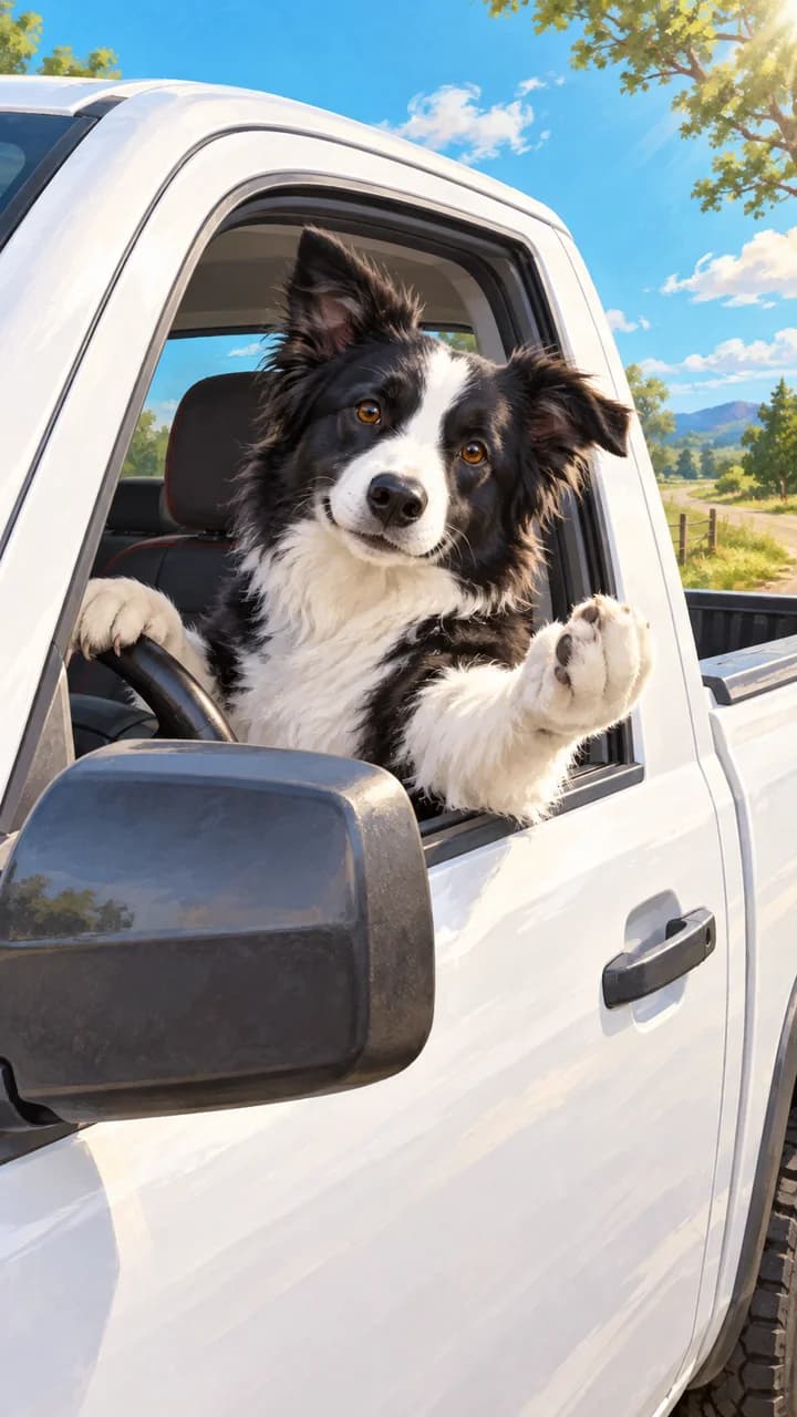 Concept illustration of a border collie in a white pickup; not a generated-video sample