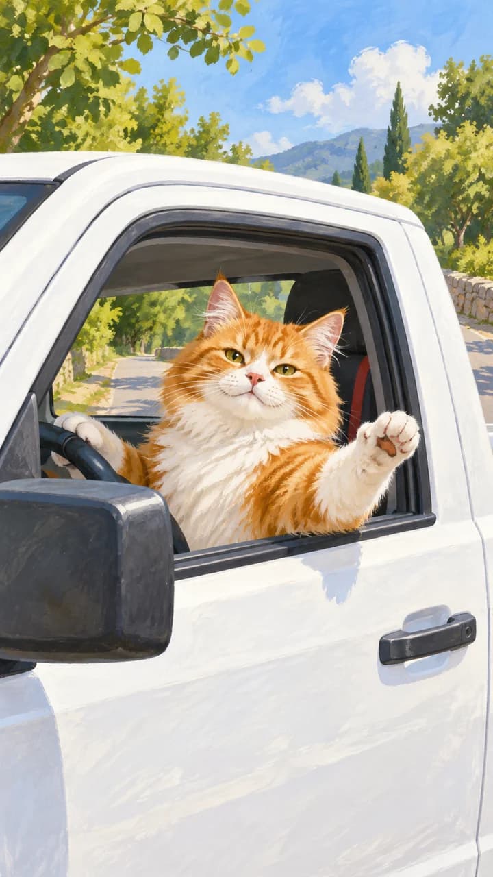Concept illustration of a long-haired cat in a white pickup; not a generated-video sample