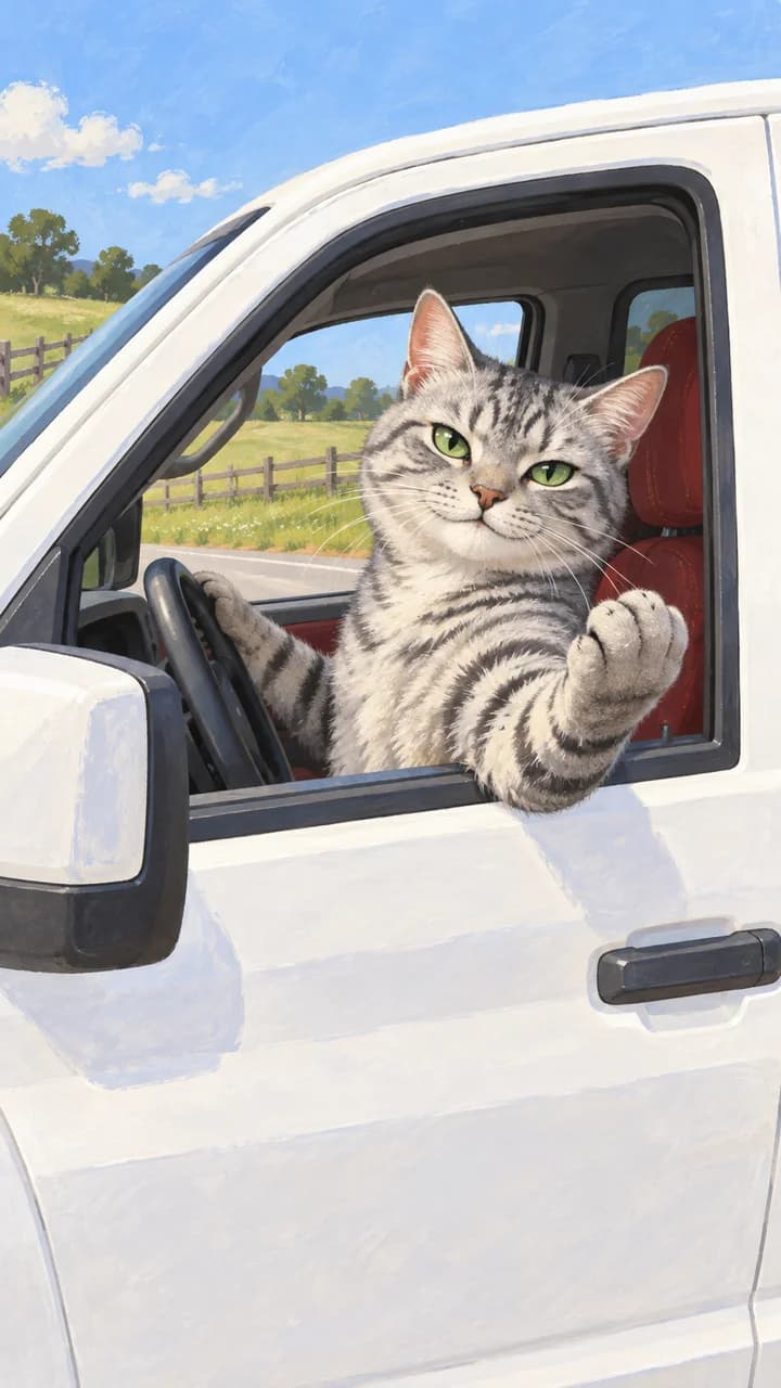 Concept illustration of a silver tabby at the window of a white pickup; not a generated-video sample
